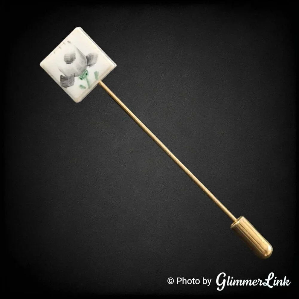 Vintage Floral Hand Painted Ceramic Marbled Square Gold Tone Stick Pin